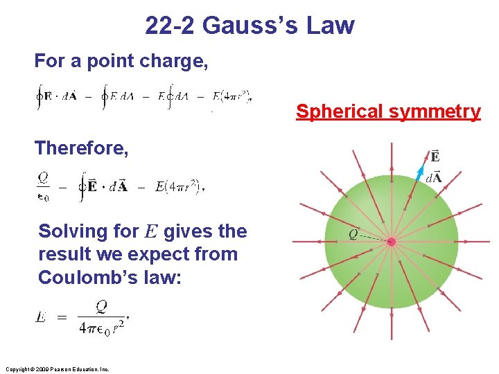 22 -2 Gauss’s Law For a point charge, Spherical symmetry Therefore, Solving for E
