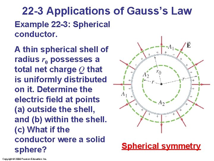22 -3 Applications of Gauss’s Law Example 22 -3: Spherical conductor. A thin spherical