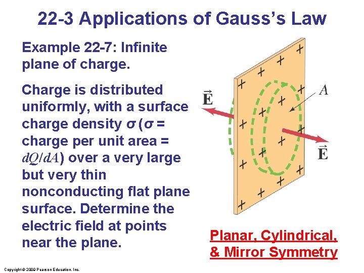 22 -3 Applications of Gauss’s Law Example 22 -7: Infinite plane of charge. Charge