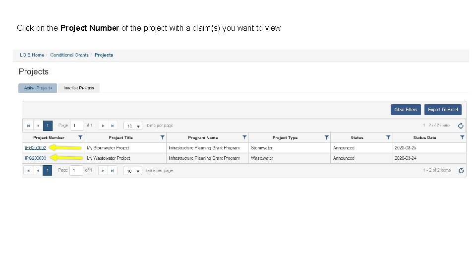 Click on the Project Number of the project with a claim(s) you want to