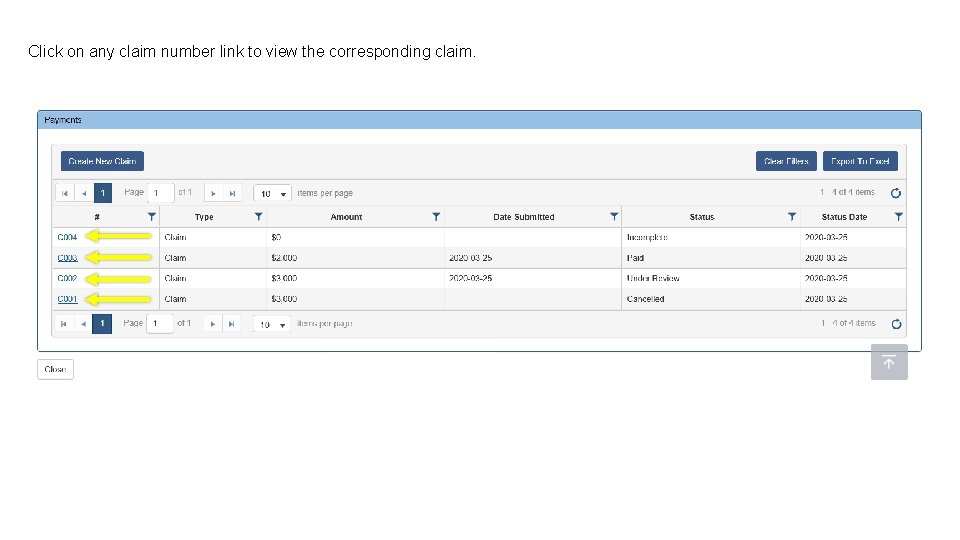 Click on any claim number link to view the corresponding claim. 