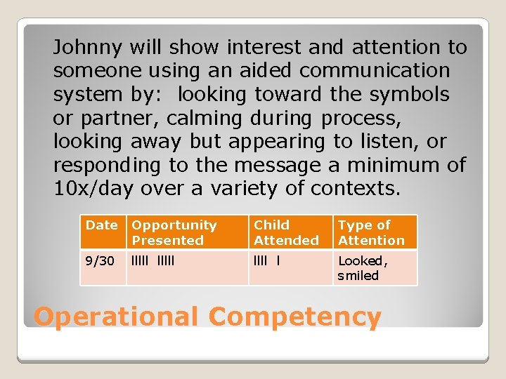 Johnny will show interest and attention to someone using an aided communication system by: Johnny will show interest and attention to someone using an aided communication system by: