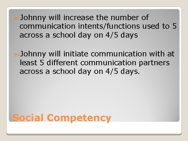 Johnny will increase the number of communication intents/functions used to 5 across a Johnny will increase the number of communication intents/functions used to 5 across a