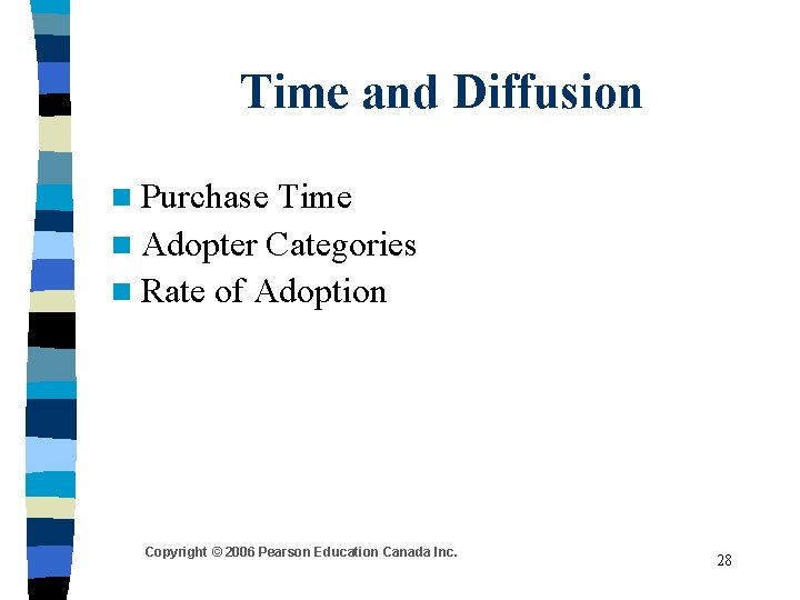 Time and Diffusion n Purchase Time n Adopter Categories n Rate of Adoption Copyright