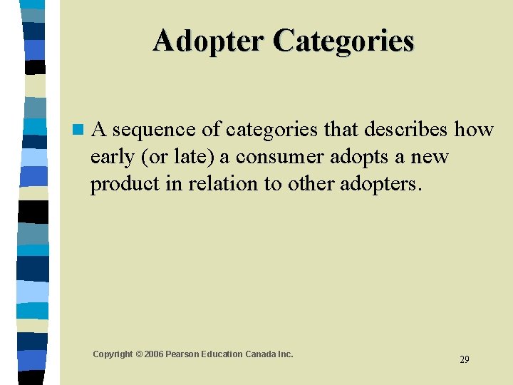 Adopter Categories n. A sequence of categories that describes how early (or late) a