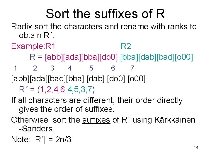 Sort the suffixes of R Radix sort the characters and rename with ranks to