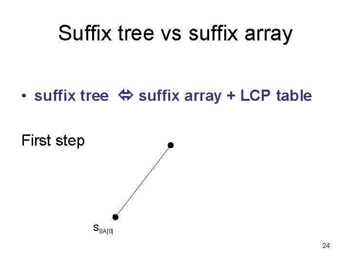 Suffix tree vs suffix array • suffix tree suffix array + LCP table First