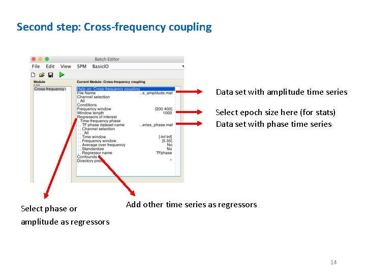 Second step: Cross-frequency coupling Data set with amplitude time series Select epoch size here