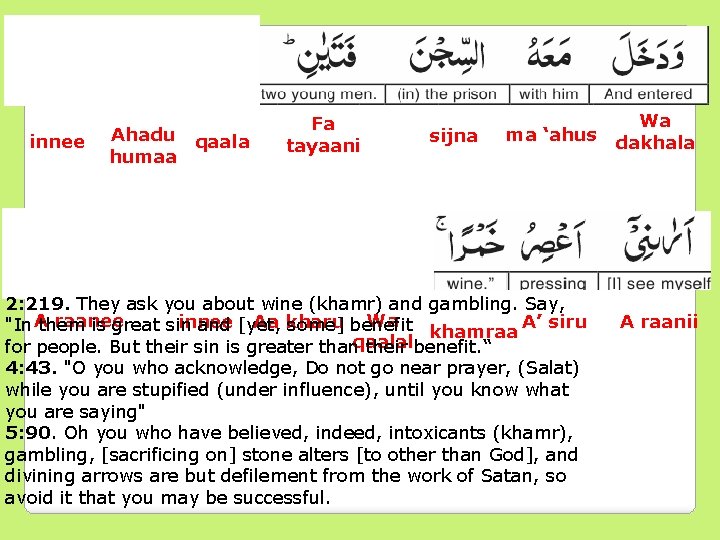 innee Ahadu qaala humaa Fa tayaani sijna ma ‘ahus 2: 219. They ask you