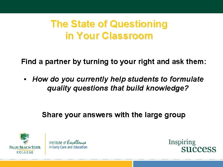 The State of Questioning in Your Classroom Find a partner by turning to your The State of Questioning in Your Classroom Find a partner by turning to your