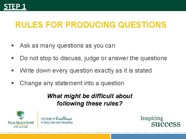 STEP 1 RULES FOR PRODUCING QUESTIONS § Ask as many questions as you can STEP 1 RULES FOR PRODUCING QUESTIONS § Ask as many questions as you can