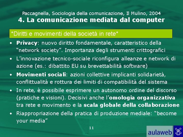 Paccagnella, Sociologia della comunicazione, Il Mulino, 2004 4. La comunicazione mediata dal computer *Diritti