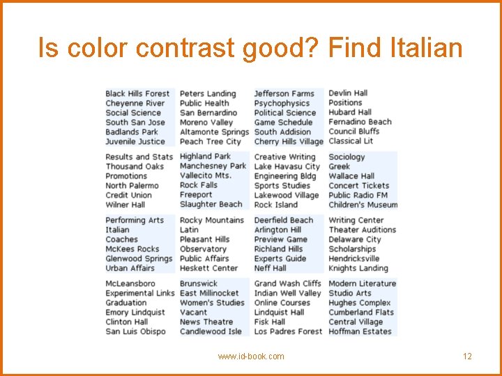 Is color contrast good? Find Italian www. id-book. com 12 