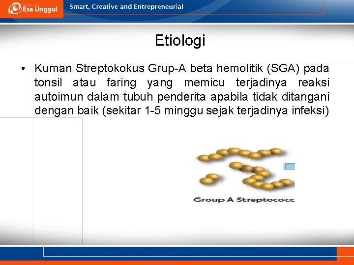 Etiologi • Kuman Streptokokus Grup-A beta hemolitik (SGA) pada tonsil atau faring yang memicu