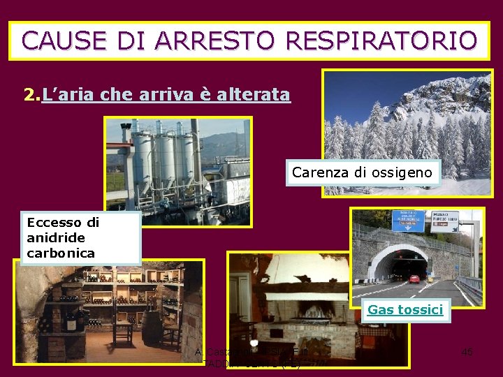 CAUSE DI ARRESTO RESPIRATORIO 2. L’aria che arriva è alterata Carenza di ossigeno Eccesso