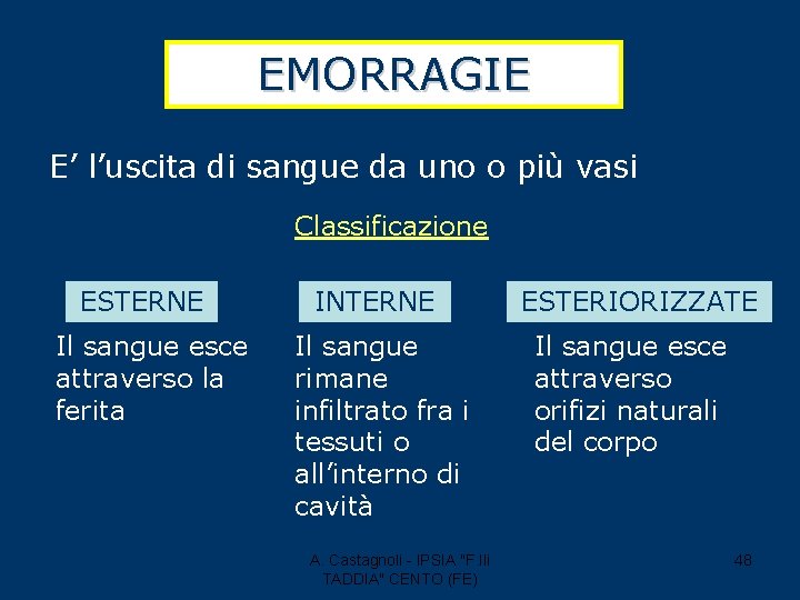 EMORRAGIE E’ l’uscita di sangue da uno o più vasi Classificazione ESTERNE Il sangue