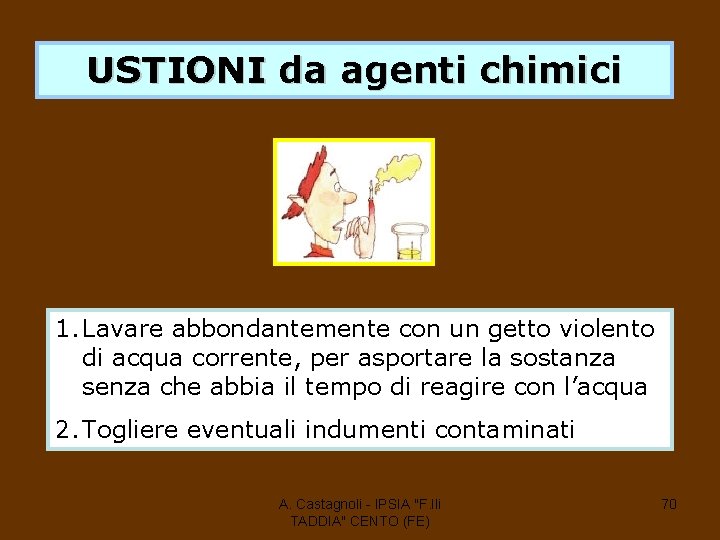 USTIONI da agenti chimici 1. Lavare abbondantemente con un getto violento di acqua corrente,