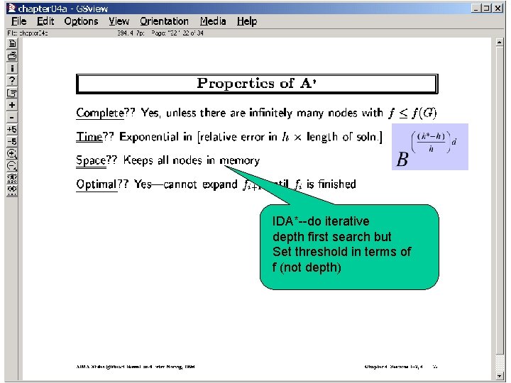 IDA*--do iterative depth first search but Set threshold in terms of f (not depth)