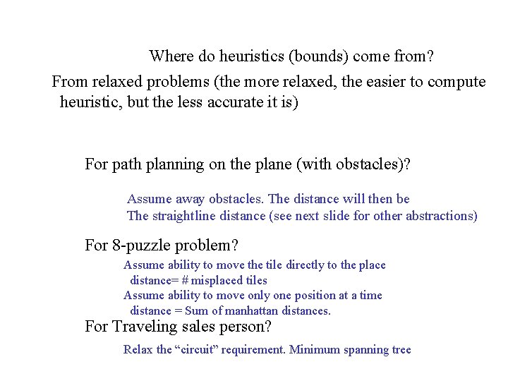 Where do heuristics (bounds) come from? From relaxed problems (the more relaxed, the easier