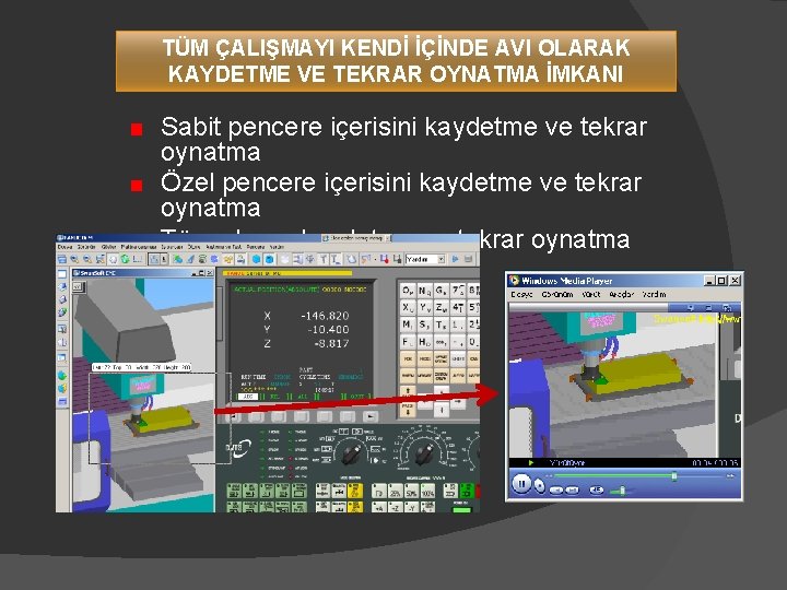 TÜM ÇALIŞMAYI KENDİ İÇİNDE AVI OLARAK KAYDETME VE TEKRAR OYNATMA İMKANI Sabit pencere içerisini