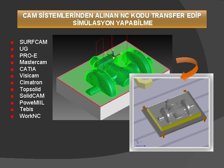 CAM SİSTEMLERİNDEN ALINAN NC KODU TRANSFER EDİP SİMÜLASYON YAPABİLME SURFCAM UG PRO-E Mastercam CATIA