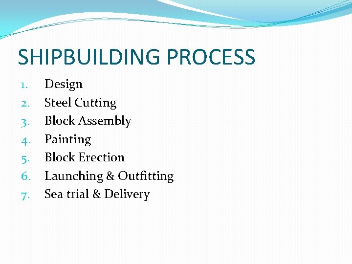 SHIPBUILDING PROCESS 1. 2. 3. 4. 5. 6. 7. Design Steel Cutting Block Assembly