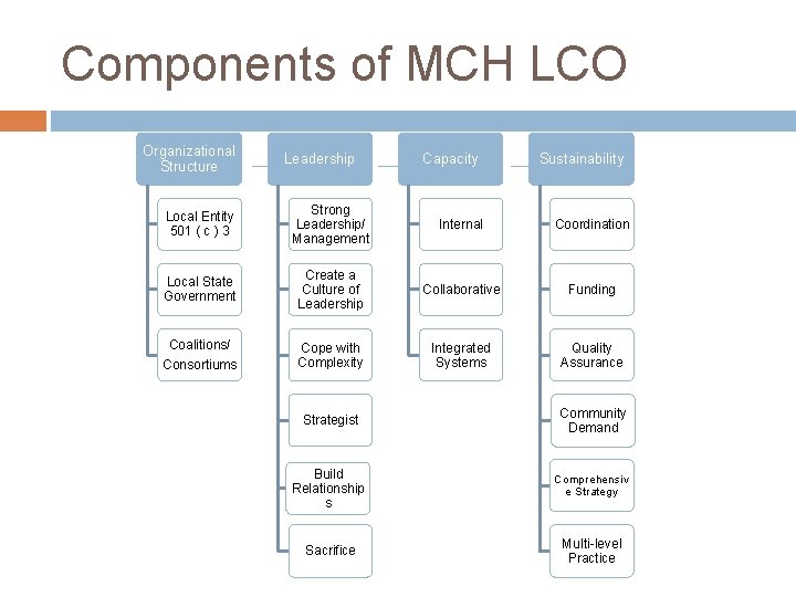 Components of MCH LCO Organizational Structure Leadership Capacity Sustainability Local Entity 501 ( c