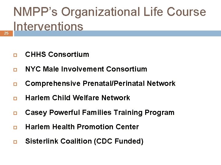 25 NMPP’s Organizational Life Course Interventions CHHS Consortium NYC Male Involvement Consortium Comprehensive Prenatal/Perinatal