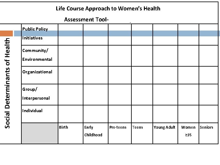 Life Course Approach to Women’s Health Assessment Tool- Washington, D. C Social Determinants of