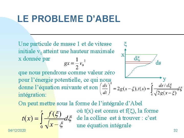 LE PROBLEME D’ABEL x Une particule de masse 1 et de vitesse initiale v