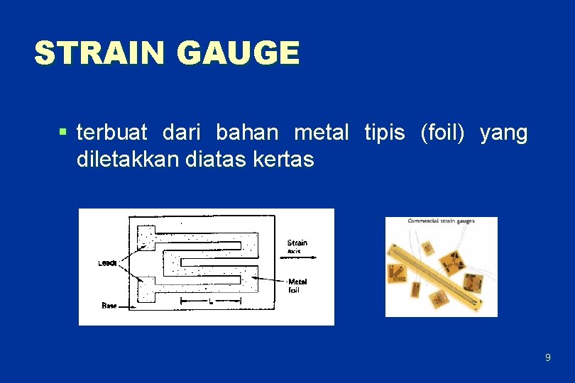 STRAIN GAUGE § terbuat dari bahan metal tipis (foil) yang diletakkan diatas kertas 9