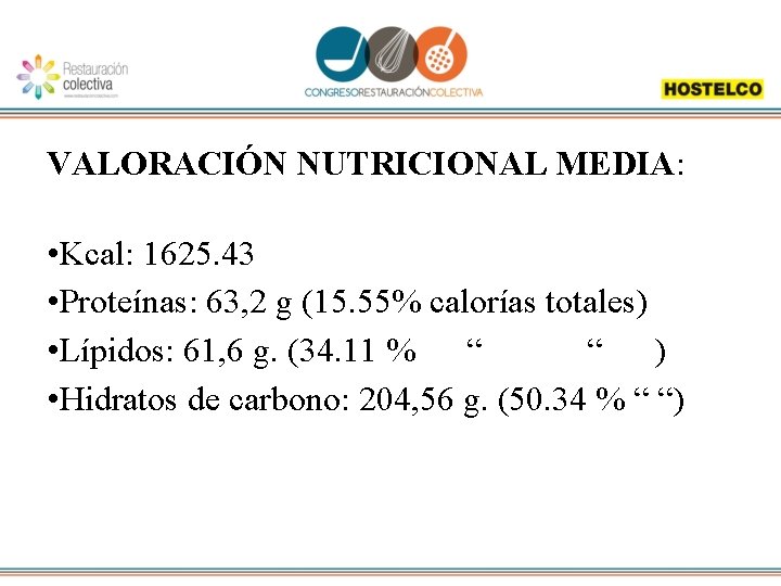 VALORACIÓN NUTRICIONAL MEDIA: • Kcal: 1625. 43 • Proteínas: 63, 2 g (15. 55%