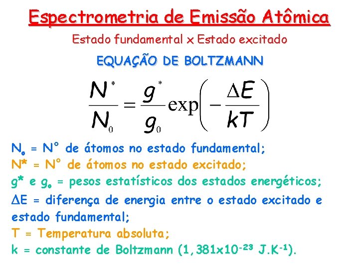 Espectrometria de Emissão Atômica Estado fundamental x Estado excitado EQUAÇÃO DE BOLTZMANN No =