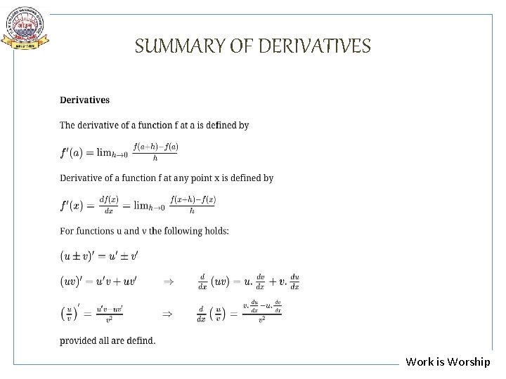 SUMMARY OF DERIVATIVES Work is Worship 