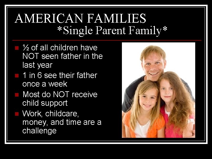 AMERICAN FAMILIES *Single Parent Family* n n ½ of all children have NOT seen