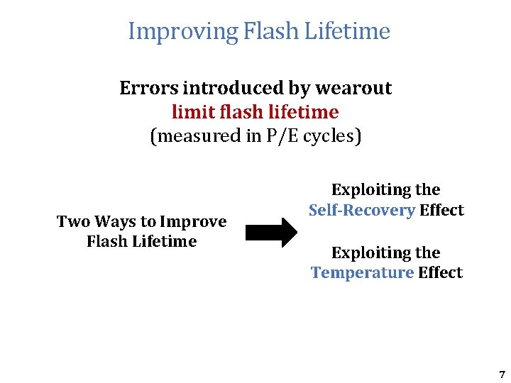 Improving Flash Lifetime Errors introduced by wearout limit flash lifetime (measured in P/E cycles) Improving Flash Lifetime Errors introduced by wearout limit flash lifetime (measured in P/E cycles)