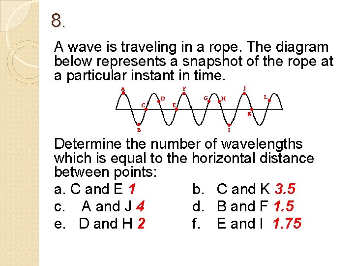 8. A wave is traveling in a rope. The diagram below represents a snapshot 8. A wave is traveling in a rope. The diagram below represents a snapshot