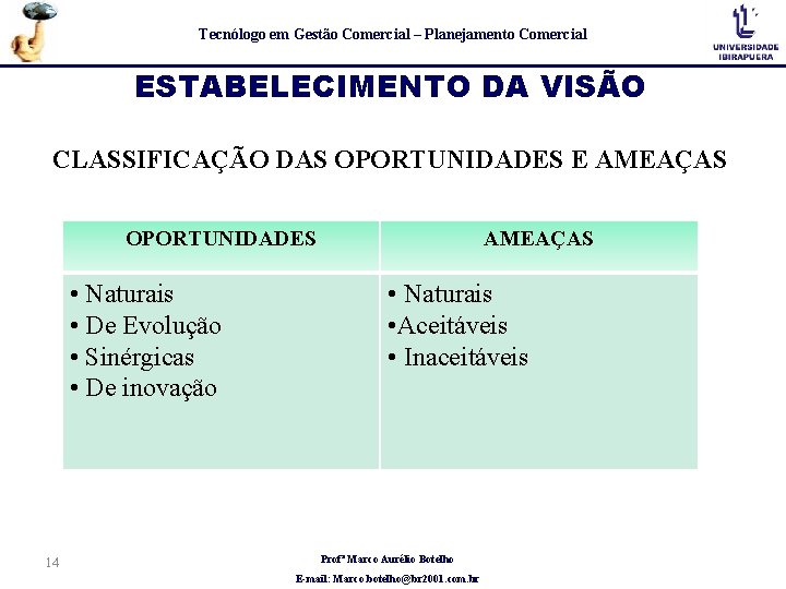 Tecnólogo em Gestão Comercial – Planejamento Comercial ESTABELECIMENTO DA VISÃO CLASSIFICAÇÃO DAS OPORTUNIDADES E