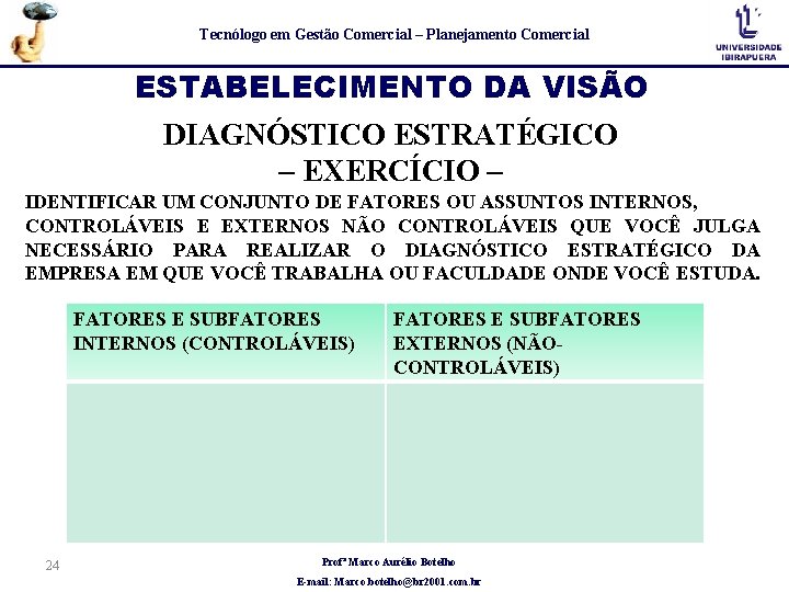 Tecnólogo em Gestão Comercial – Planejamento Comercial ESTABELECIMENTO DA VISÃO DIAGNÓSTICO ESTRATÉGICO – EXERCÍCIO