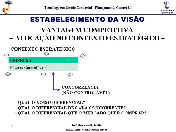 Tecnólogo em Gestão Comercial – Planejamento Comercial ESTABELECIMENTO DA VISÃO VANTAGEM COMPETITIVA – ALOCAÇÃO