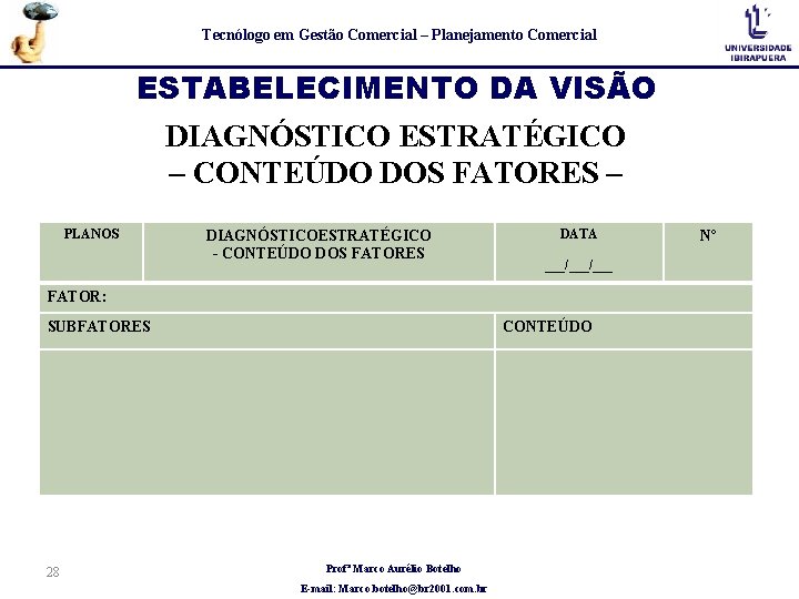 Tecnólogo em Gestão Comercial – Planejamento Comercial ESTABELECIMENTO DA VISÃO DIAGNÓSTICO ESTRATÉGICO – CONTEÚDO