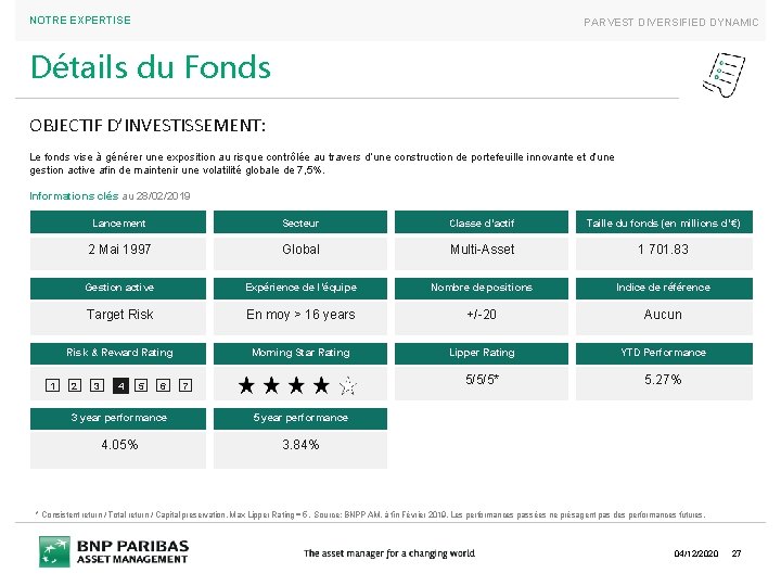 NOTRE EXPERTISE PARVEST DIVERSIFIED DYNAMIC Détails du Fonds OBJECTIF D’INVESTISSEMENT: Le fonds vise à