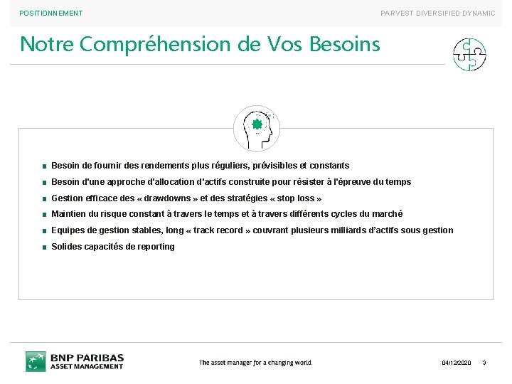 POSITIONNEMENT PARVEST DIVERSIFIED DYNAMIC Notre Compréhension de Vos Besoins ■ Besoin de fournir des