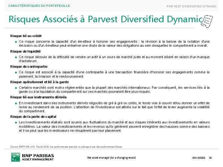 CARACTÉRISTIQUES DU PORTEFEUILLE PARVEST DIVERSIFIED DYNAMIC Risques Associés à Parvest Diversified Dynamic Risque lié