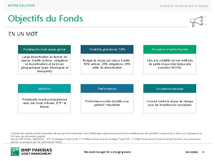 NOTRE SOLUTION PARVEST DIVERSIFIED DYNAMIC Objectifs du Fonds EN UN MOT Portefeuille multi-asset global