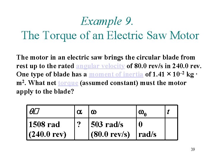 Example 9. The Torque of an Electric Saw Motor The motor in an electric