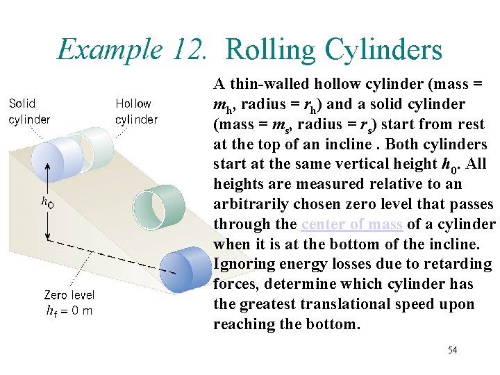 Example 12. Rolling Cylinders A thin-walled hollow cylinder (mass = mh, radius = rh) Example 12. Rolling Cylinders A thin-walled hollow cylinder (mass = mh, radius = rh)