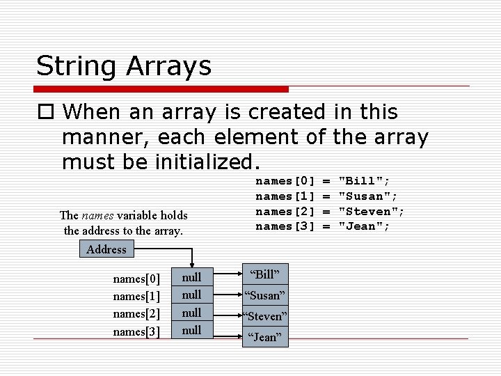 String Arrays o When an array is created in this manner, each element of