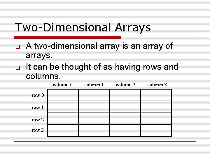 Two-Dimensional Arrays o o A two-dimensional array is an array of arrays. It can