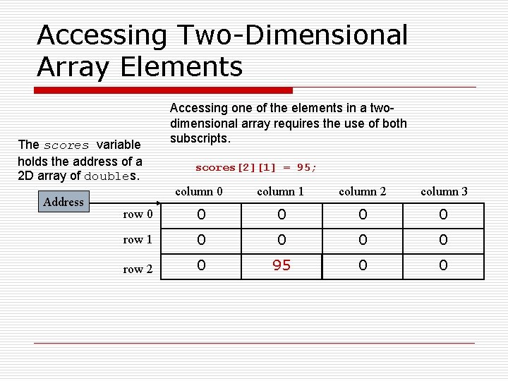 Accessing Two-Dimensional Array Elements The scores variable holds the address of a 2 D